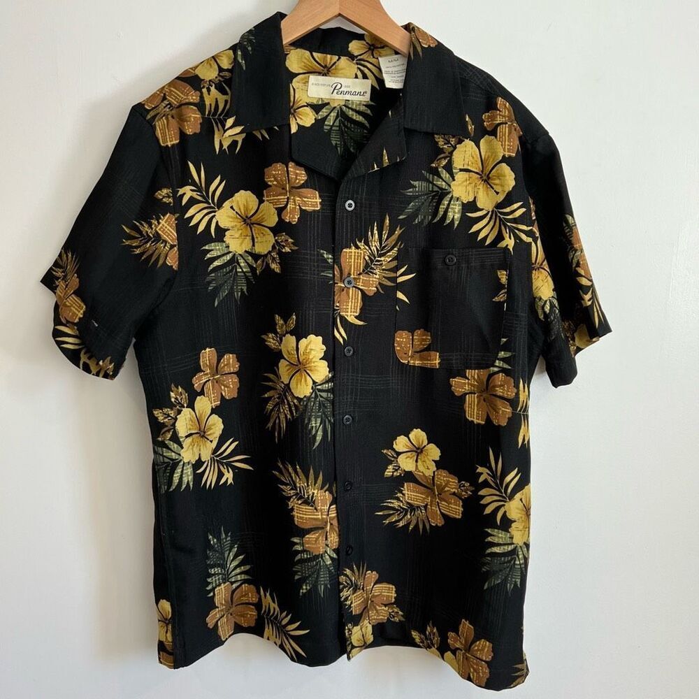 Penman’s Men’s Medium Black Yellow Floral Hawaiian Camp Button Down Shirt Beach